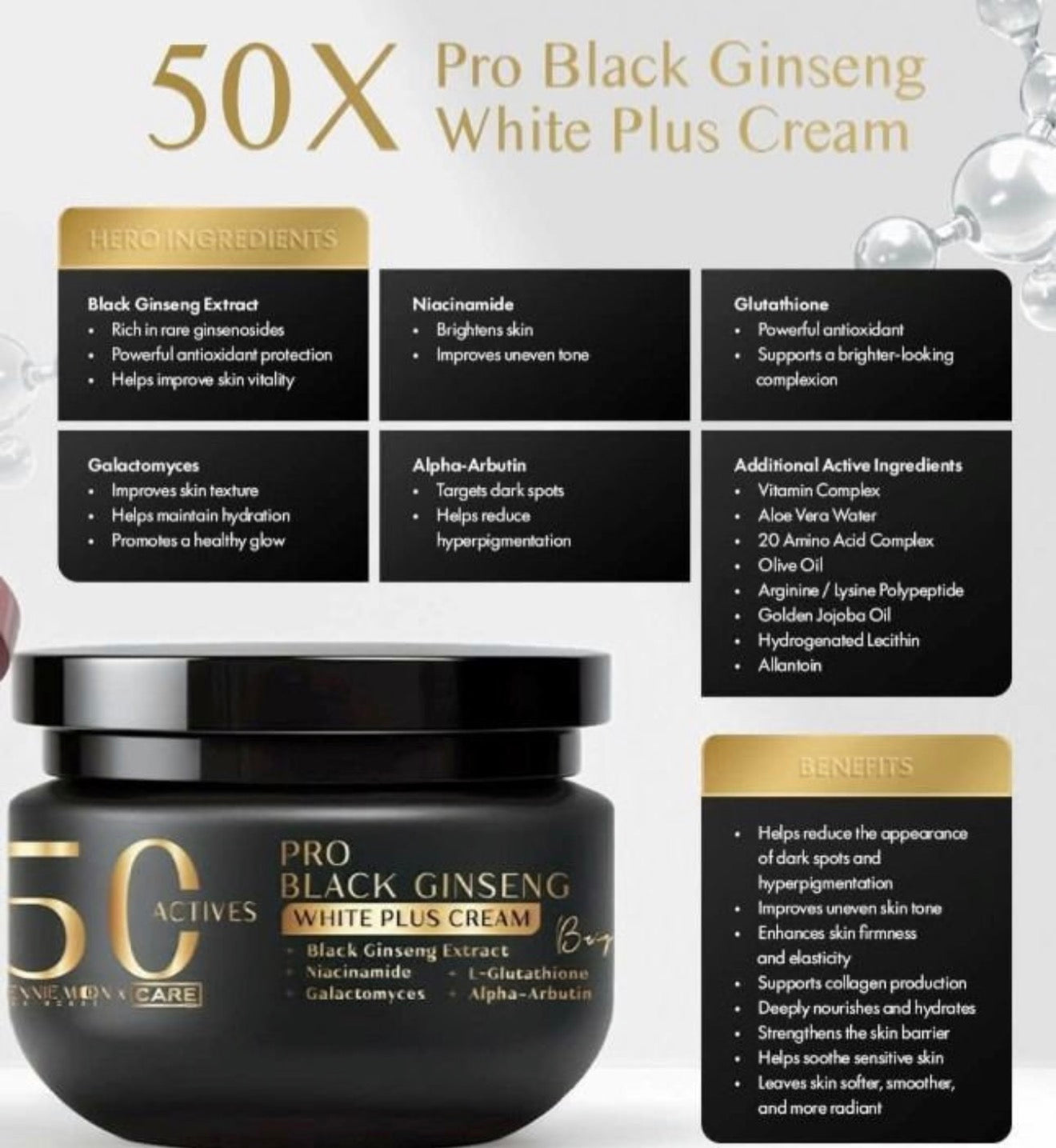 Jennie Moon Pro Black Ginseng White Plus Cream 50 Actives 250 mls